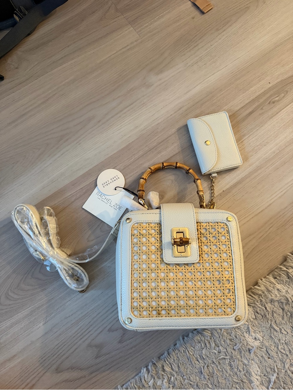 NWT Rachel Zoe Cream Woven Bamboo-Handle Mini Top-Handle Bag